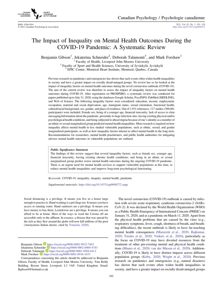 The Impact of Inequality On Mental Health Outcomes During COVID-19 ...