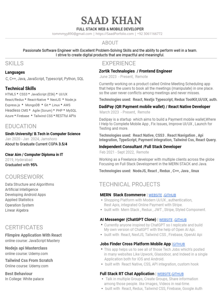 Saad Khan: Full Stack Developer Portfolio | PDF | Mobile App | Computing