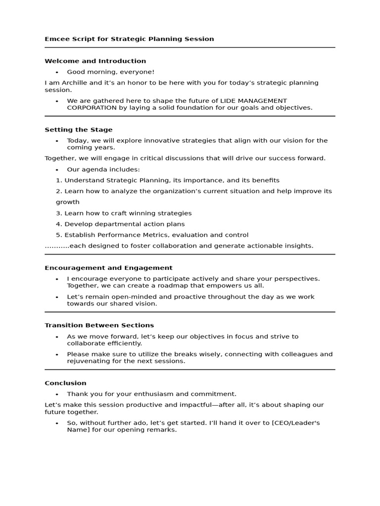 Emcee Script For Strategic Planning Session | PDF | Strategic Planning ...