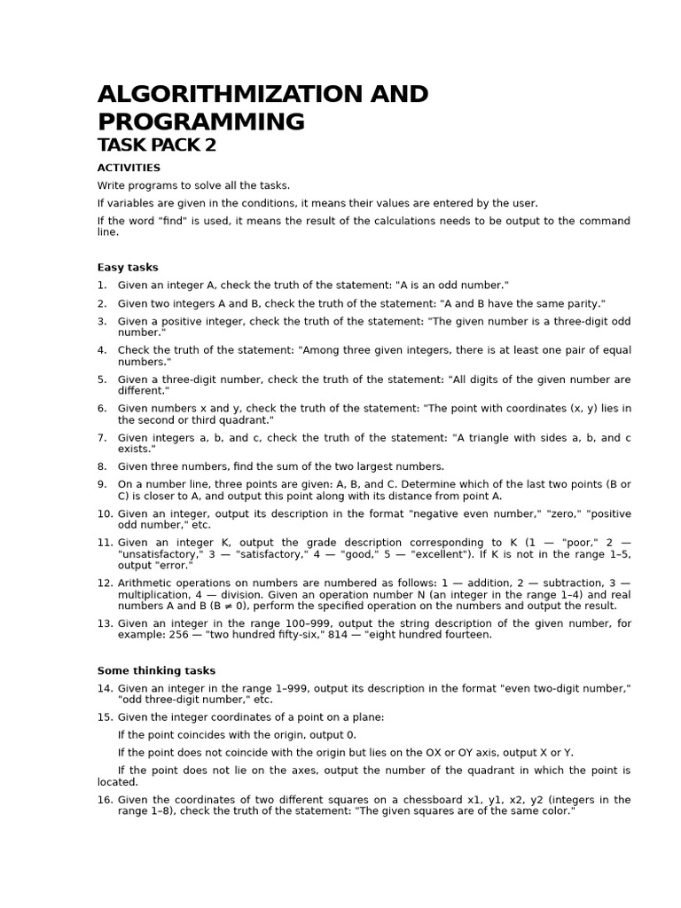 Programming Tasks for Algorithmization | PDF | Numbers | Elementary ...