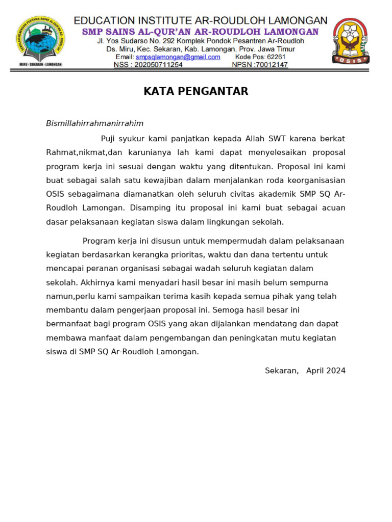Proposal Program Kerja OSIS SMP SQ Ar-Roudloh | PDF