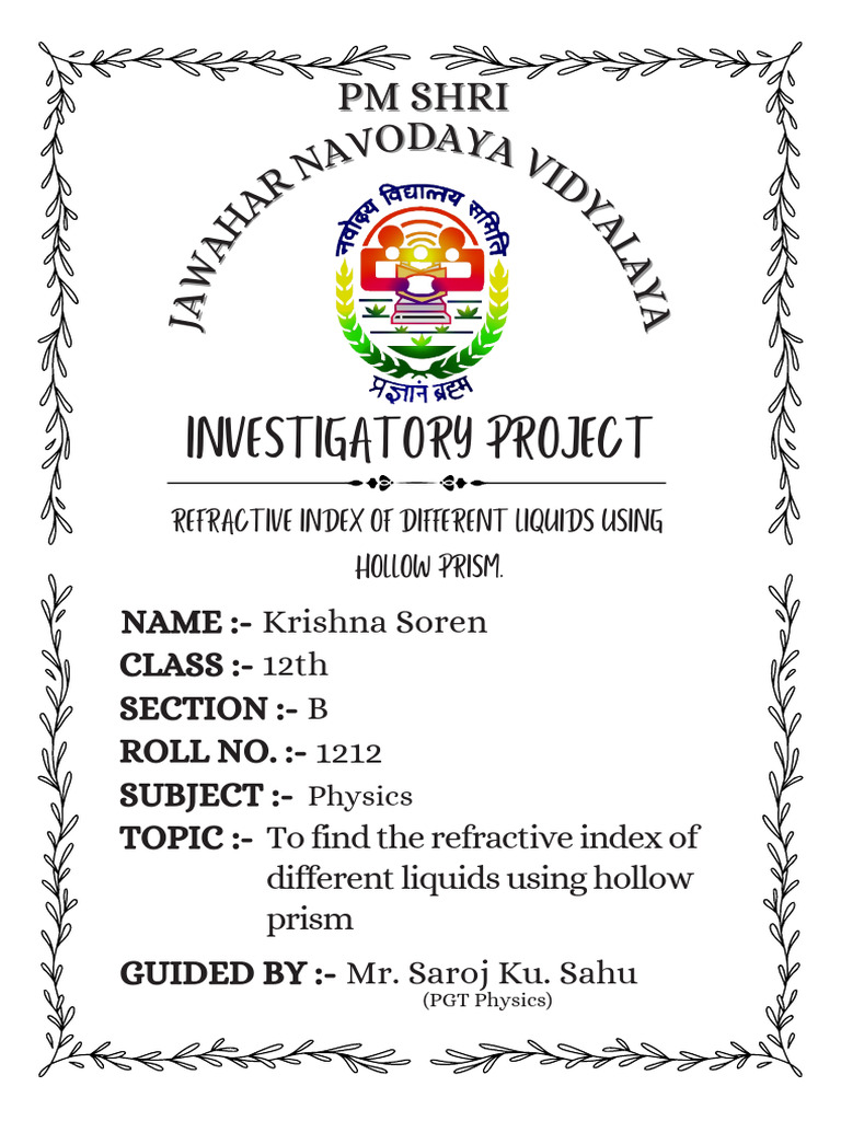 Refractive Index of Liquids Project | PDF | Refraction | Glasses