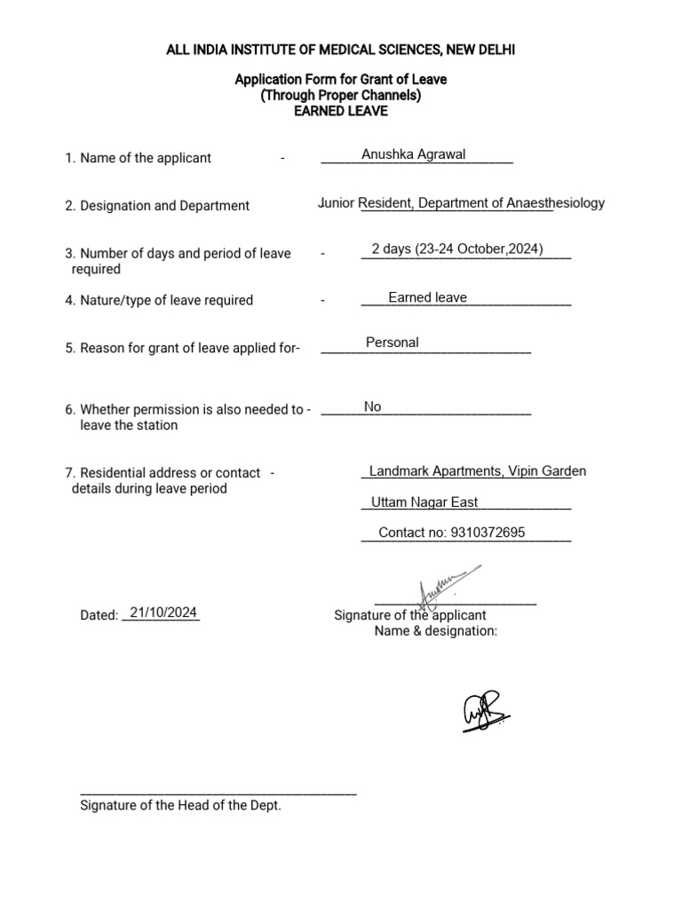 AIIMS New Delhi Leave Application Form | PDF