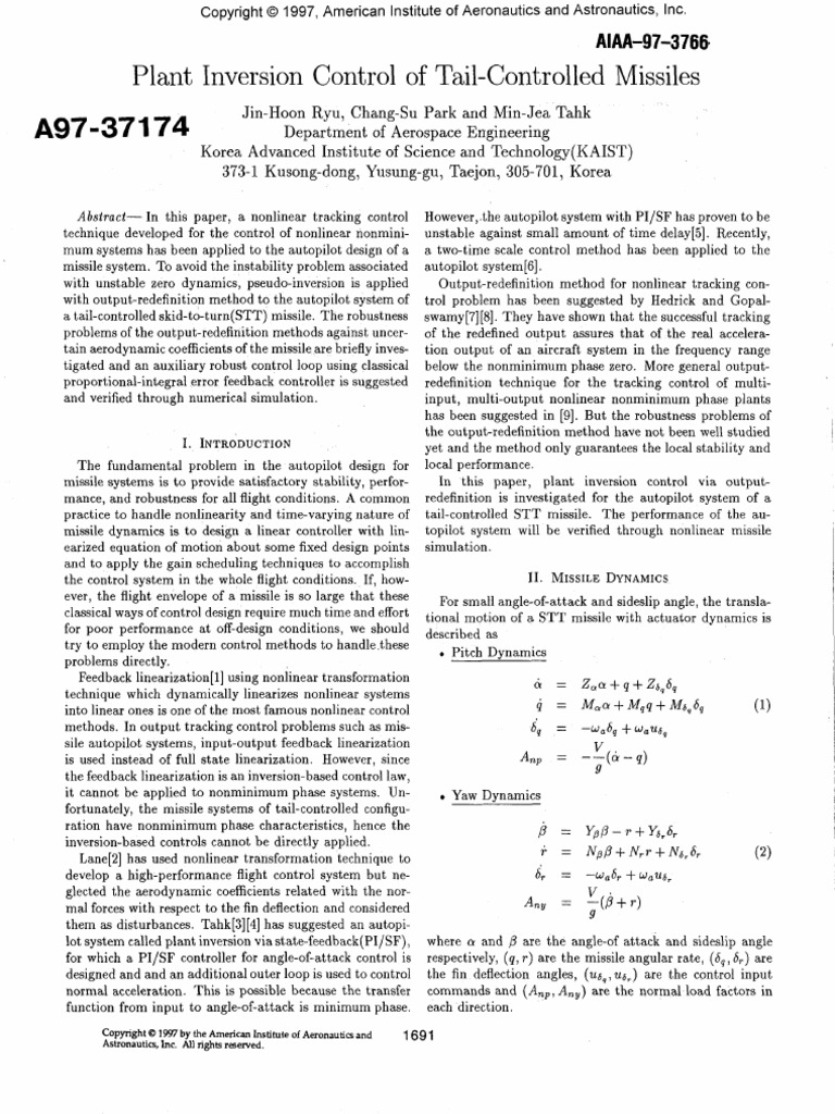 Plant Inversion Control of Tail-Controlled Missiles: Fimim+ - M | PDF ...