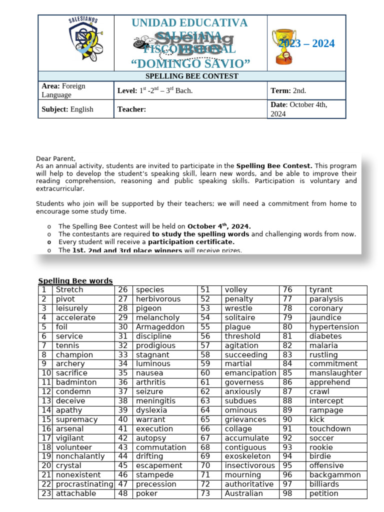 Spelling Bee Contest Word List 2024 | PDF