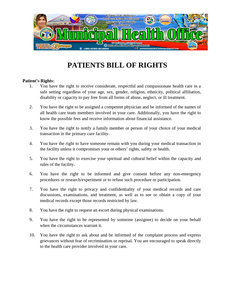 Patients Bill of Rights and Responsibilities | PDF | Medical Record ...