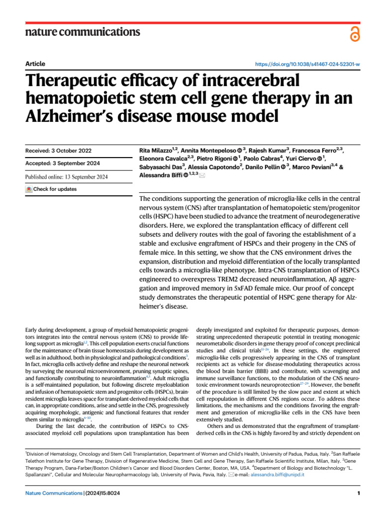 Therapeutic Efficacy of Intracerebral | PDF | Hematopoietic Stem Cell ...