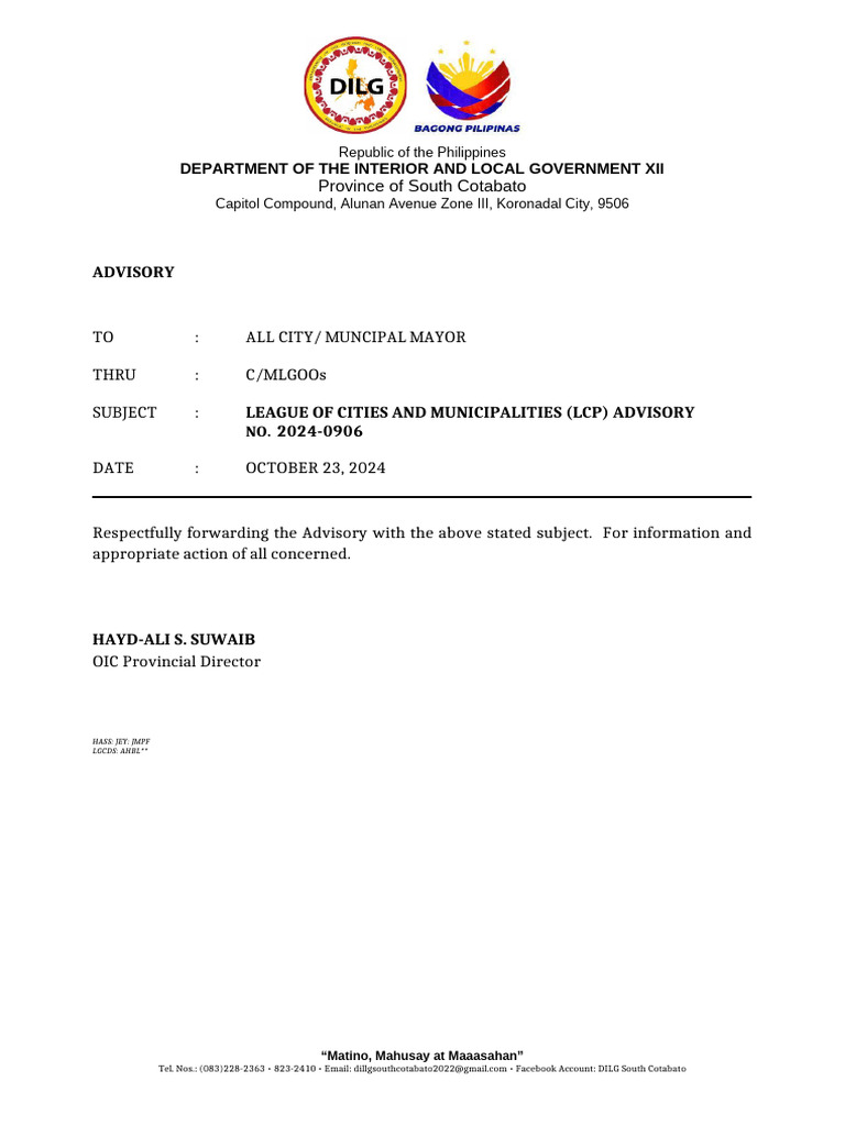 ADVISORY FOR ALL CITY MUNICIPAL MAYORS Re LEAGUE OF CITIES AND ...
