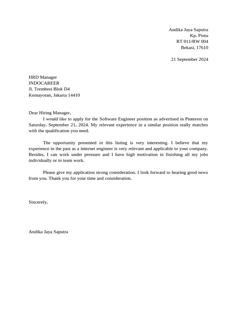 Software Engineer Application Letter | PDF