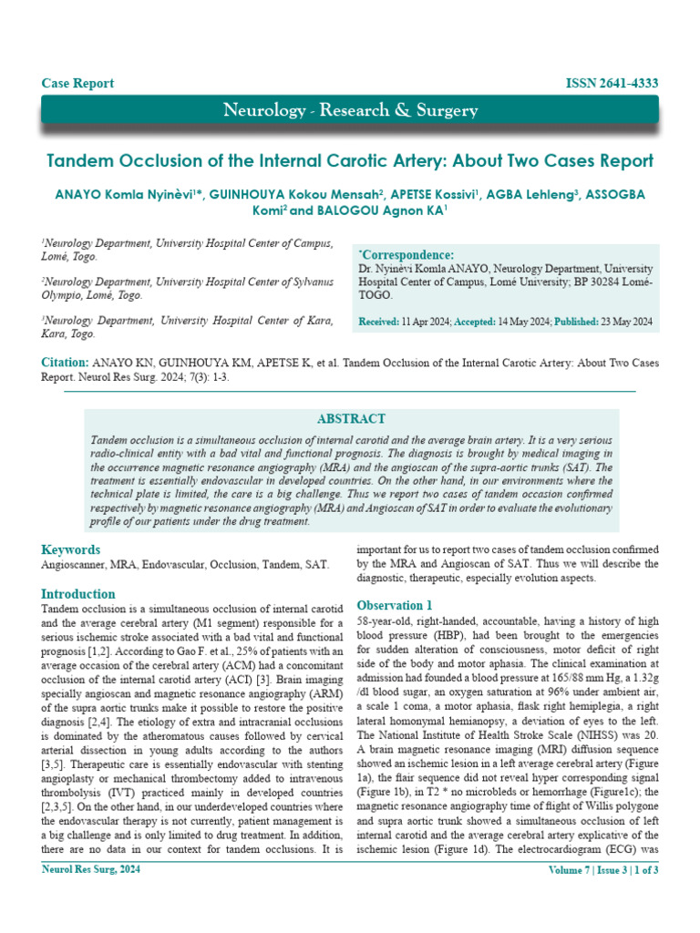 Neurology Case Report: Tandem Occlusion | PDF | Stroke | Interventional ...