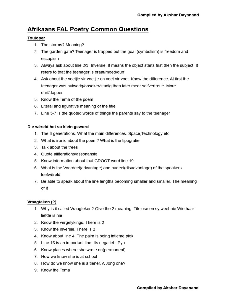 Grade 12 Afrikaans FAL Poetry Guide | PDF | Linguistics | Poetic Devices