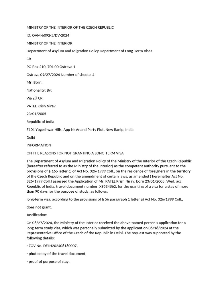 Krish Final Rejection Letter in English | PDF | Travel Visa | Bachelor ...