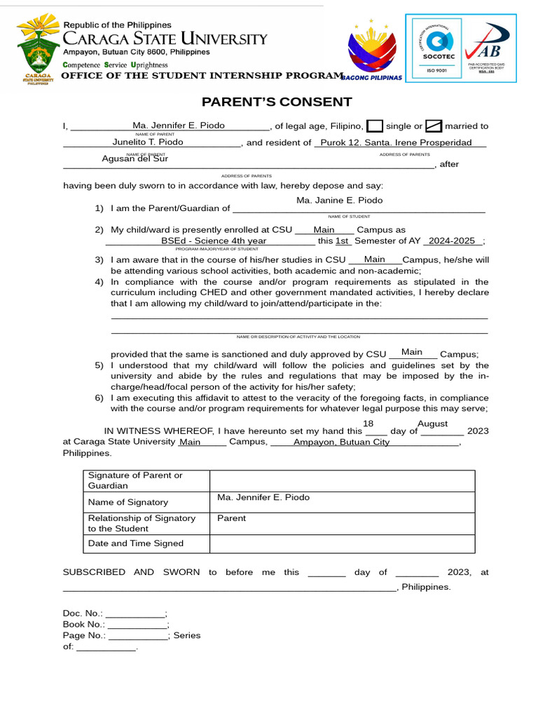 Parent Consent Form for CSU Activities | PDF | Wellness