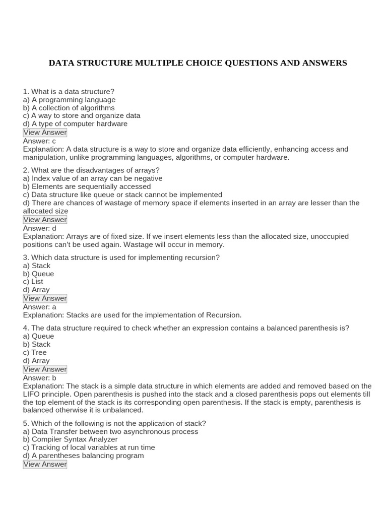 Data Structure Multiple Choice Questions and Answers | PDF | Queue ...