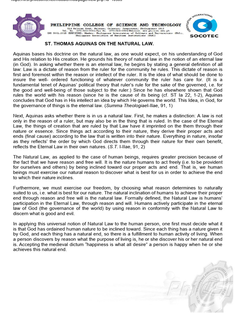 ST Thomas Aquinas On Natural Law | PDF | Natural Law | Thomas Aquinas