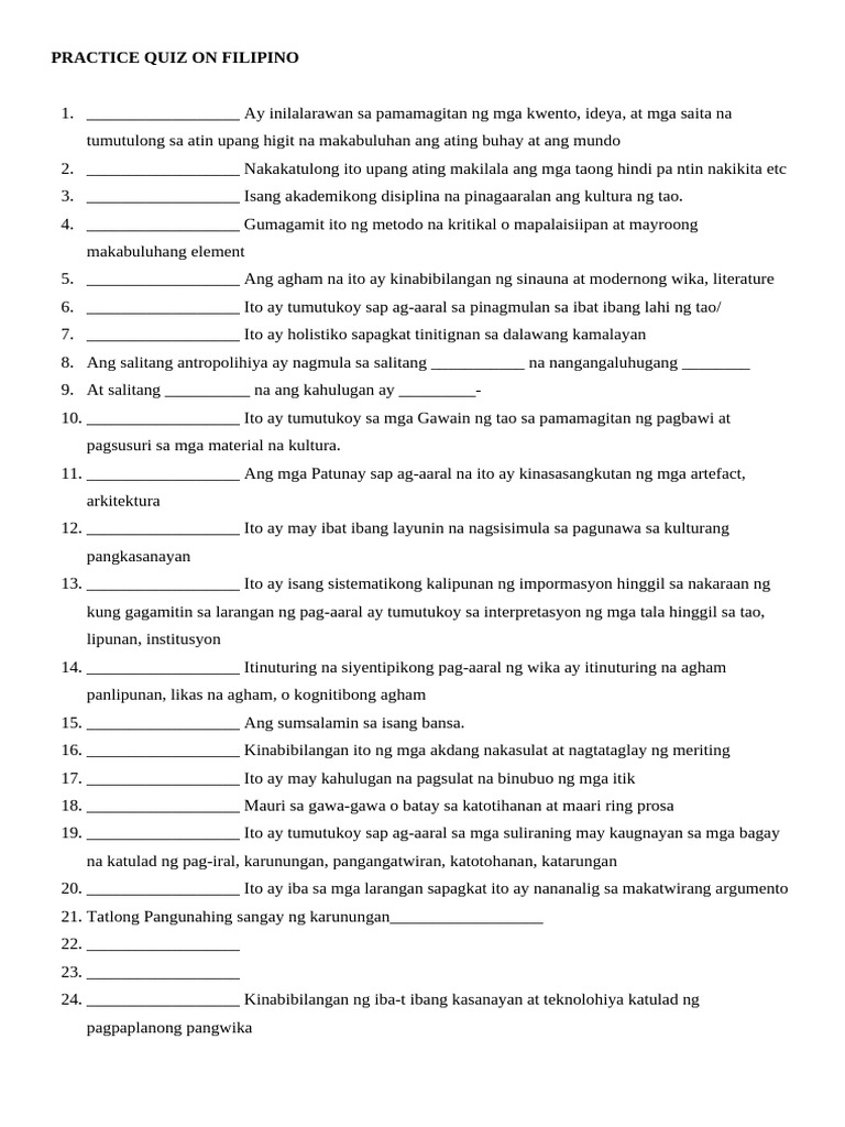 Practice Quiz On Filipino | PDF