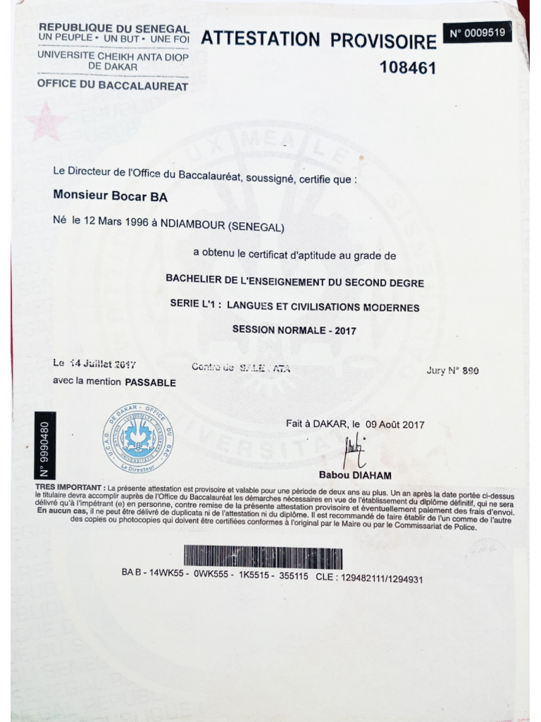 Bocar Attestation | PDF