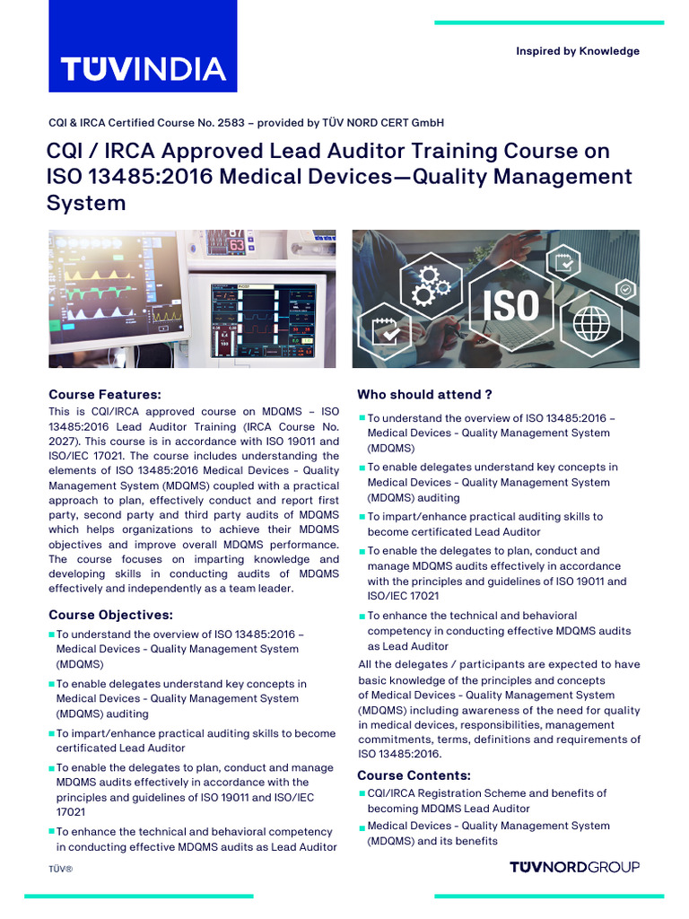 CQI IRCA Approved Lead Auditor Training Course On ISO 134852016 Medical ...