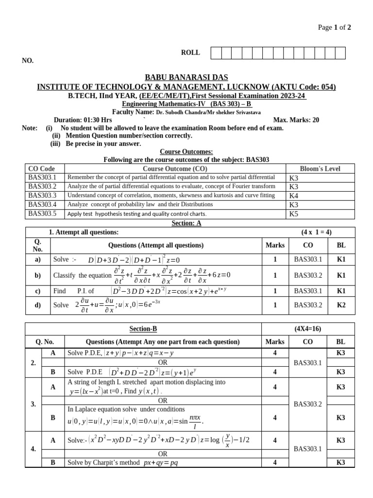 BAS 303 Engineering Mathematics Exam 2023 | PDF | Mathematical Objects ...