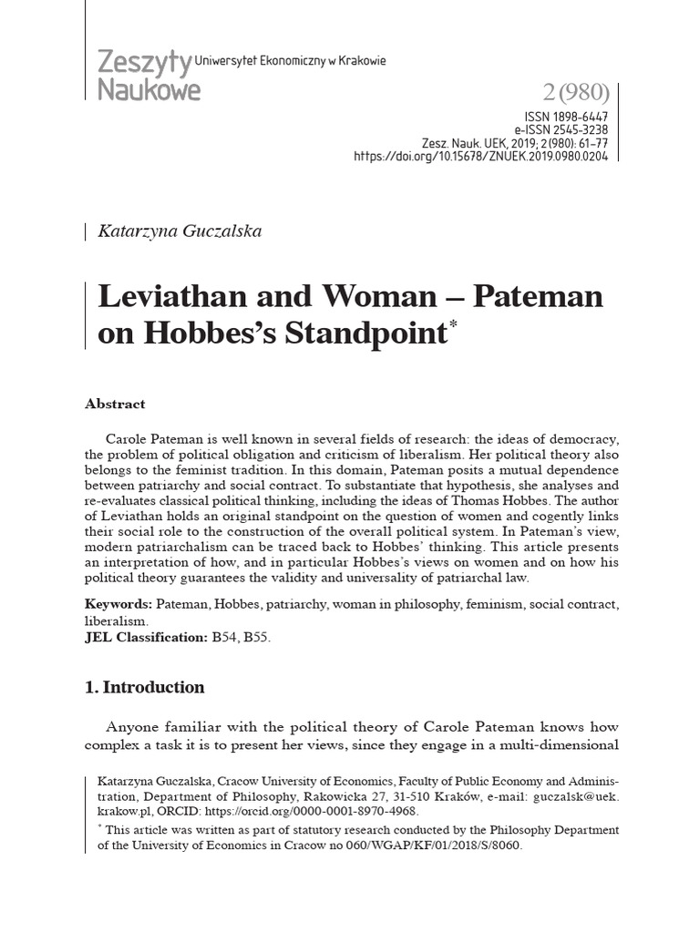 Hobbes, Pateman, and Patriarchy | PDF | Social Contract | Political ...