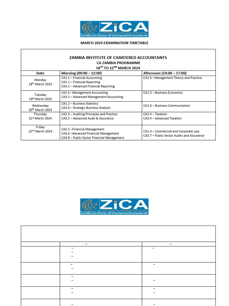 ZICA CA Exam Timetable 2024 | PDF | Hippocampus Anatomy | Accounting