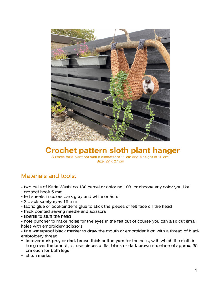 Free Crochet Sloth Plant Hanger Pattern | PDF | Crochet | Embroidery