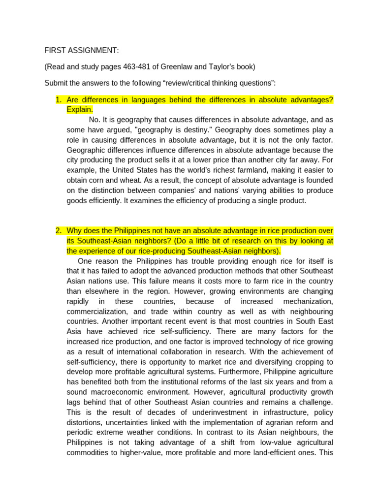 First Assignment | PDF | Comparative Advantage | Trade