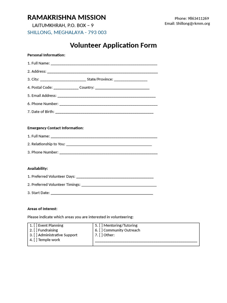 Volunteer Application for Ramakrishna Mission | PDF