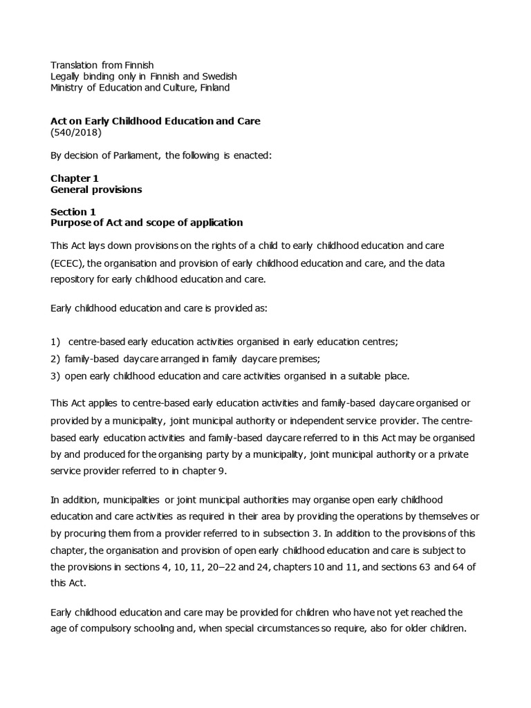 Finnish Early Childhood Education Act | PDF | Child Care | Early ...
