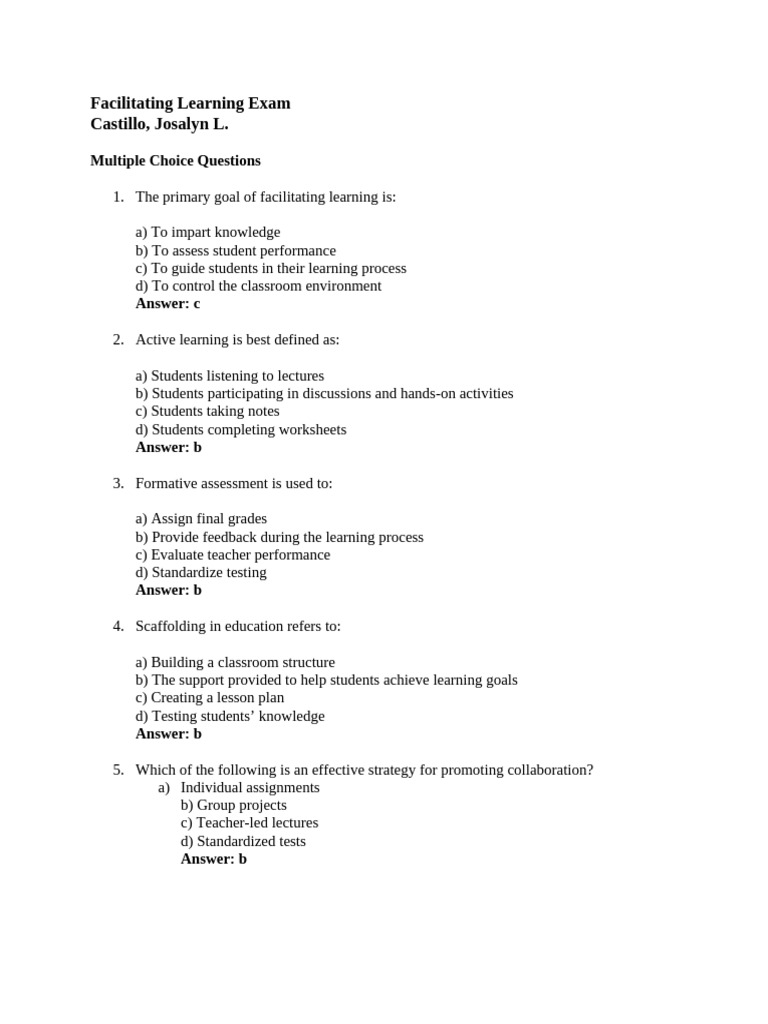 Facilitating Learning Exam Questions | PDF | Learning | Teachers