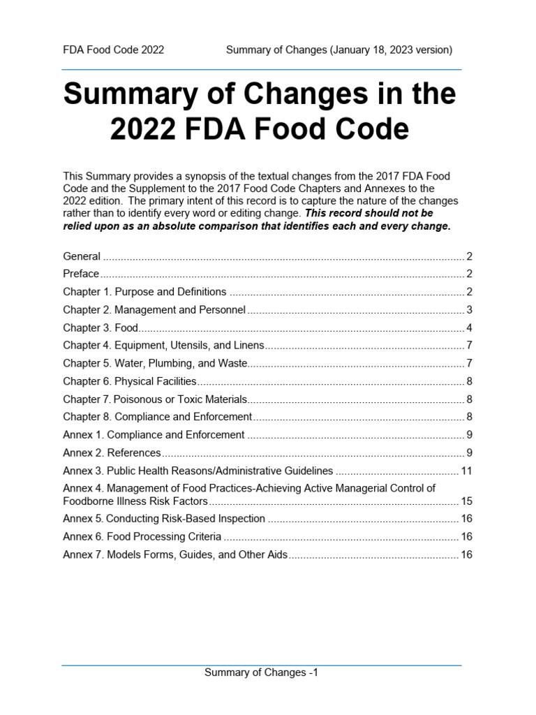 2022 FDA Food Code Changes Summary | PDF | Food And Drug Administration ...
