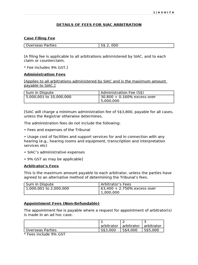 SIAC Arbitration Fee Schedule | PDF | Arbitral Tribunal | Fee