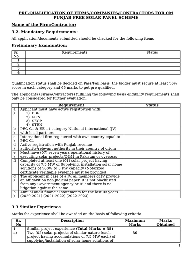 Pre-Qualification Criteria for Solar Contractors | PDF