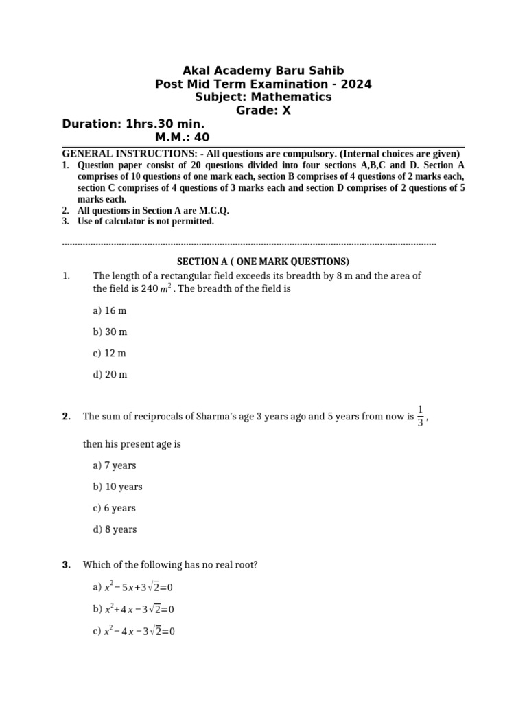 Class 10 Maths Post Mid Term Exam 2024 | PDF | Circle | Tangent