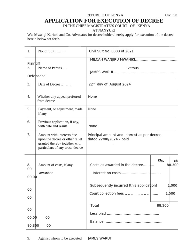Execution Application for Decree in Kenya | PDF | Common Law | Justice
