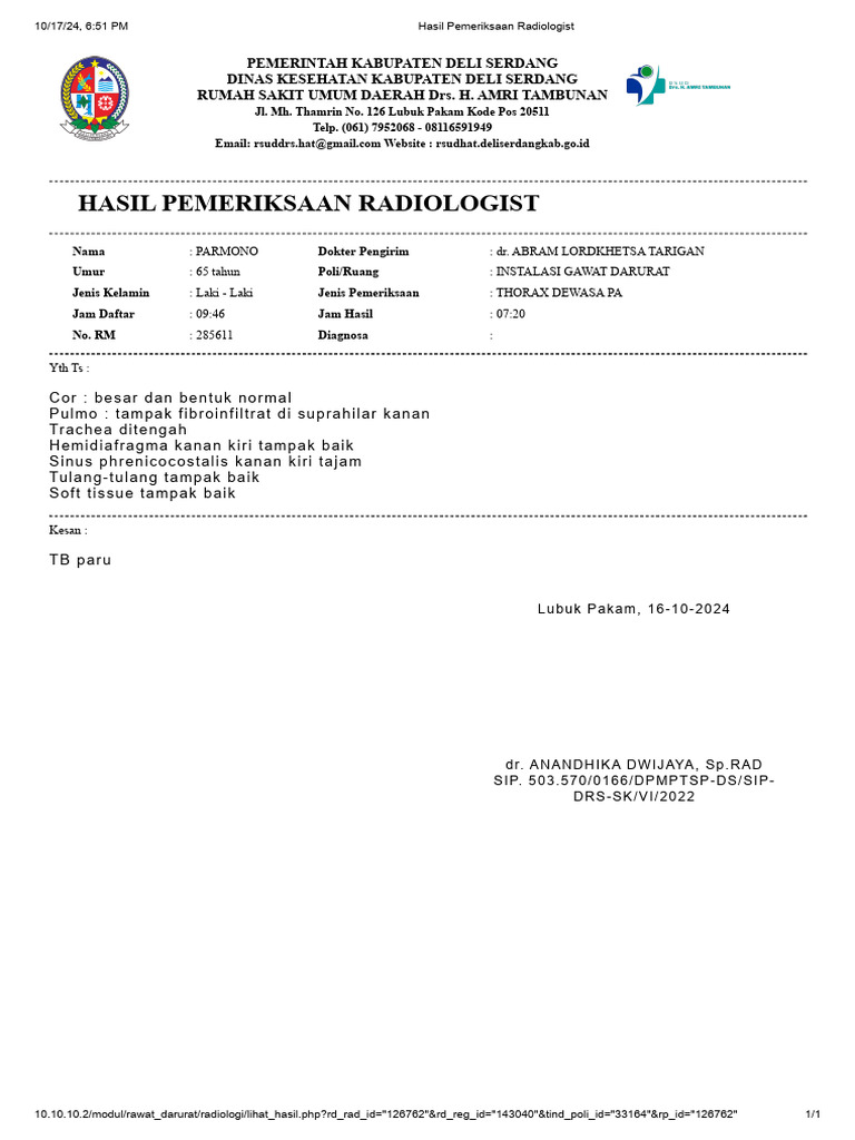 Hasil Pemeriksaan Radiologi TB Paru | PDF