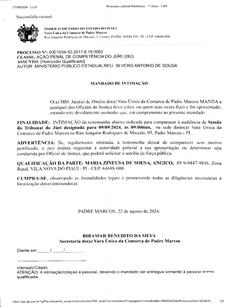 Mandado de Intimação de MARIA ZINEUSA DE SOUSA | PDF
