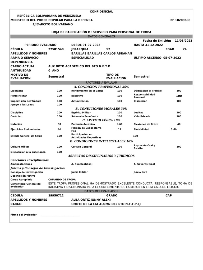 Hoja de Calificación Semestral Militar | PDF