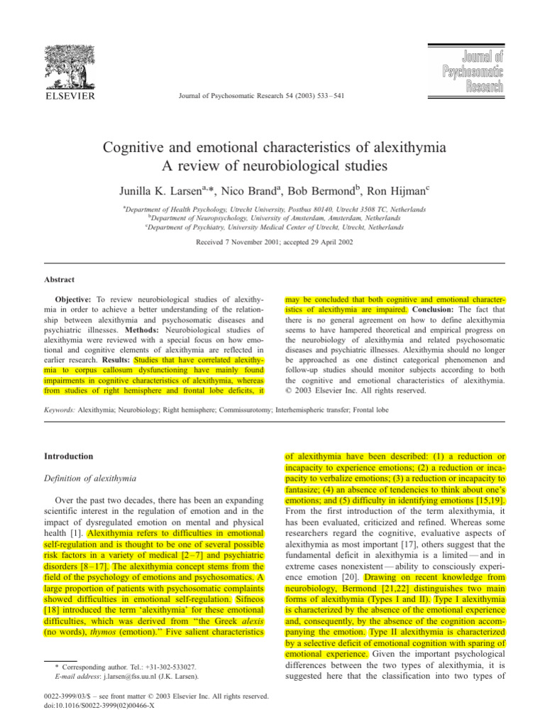 Cognitive and Emotional Characteristics of Alexithymia | PDF | Basal ...