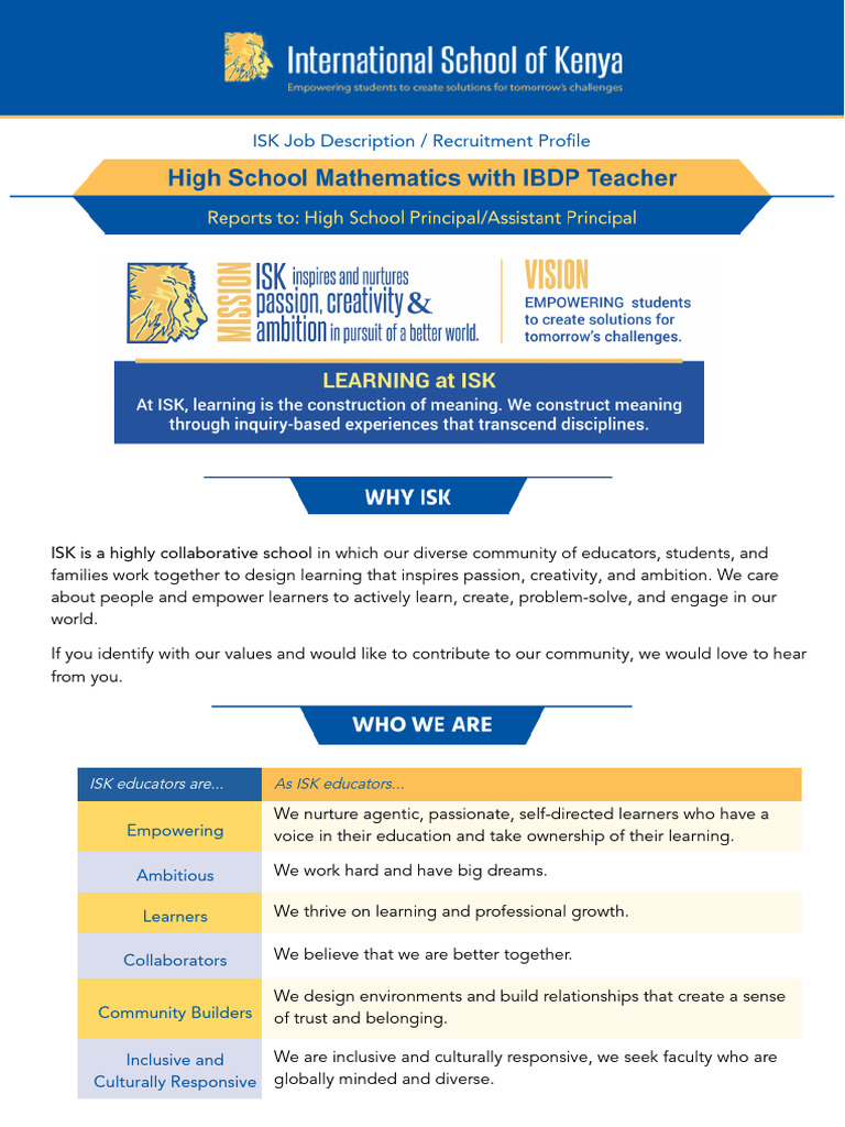 ISK High School Math Teacher Role | PDF | Teachers | Learning
