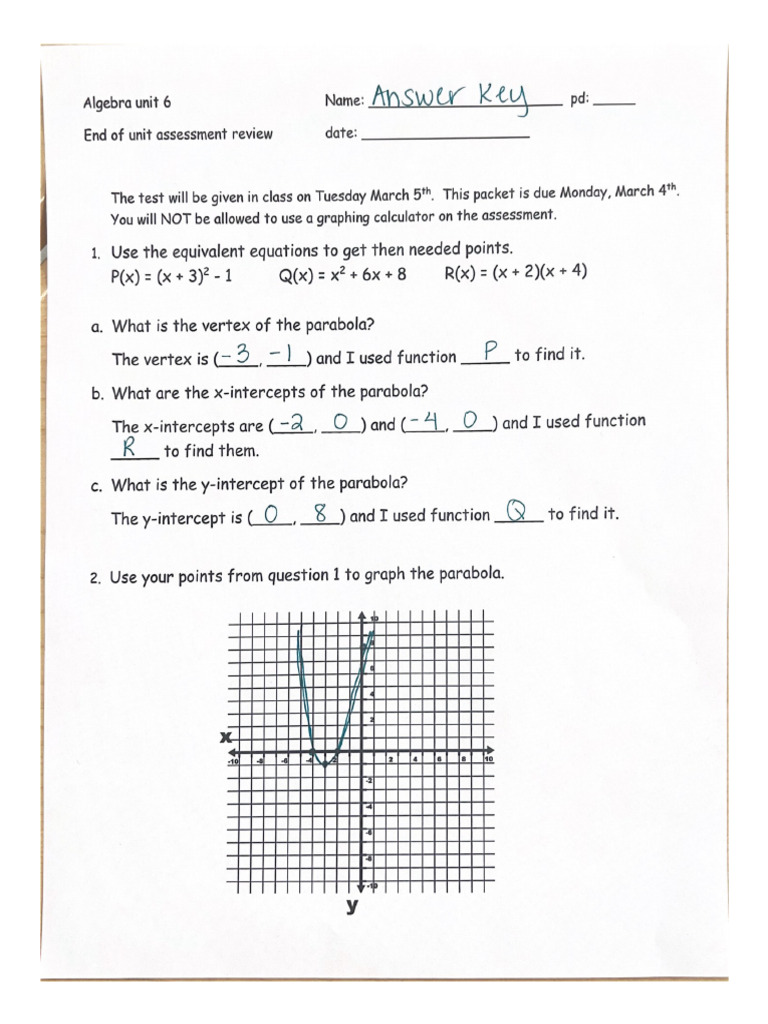 Algebra Unit 6 Review Answer Key | PDF