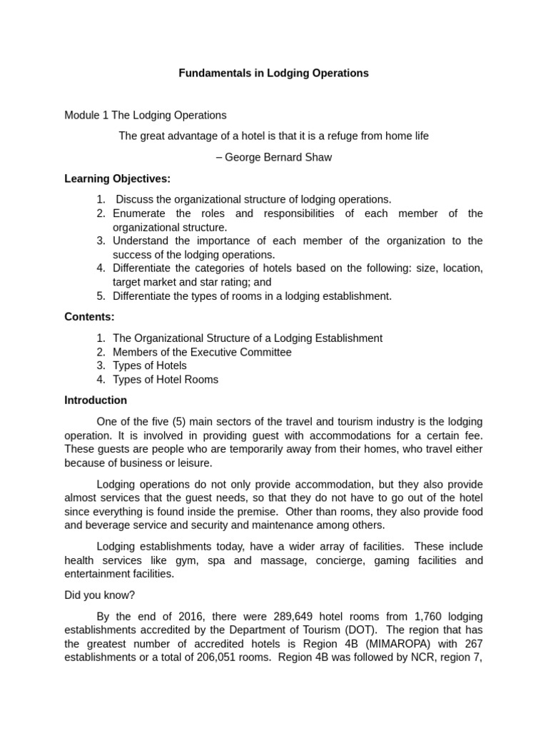 Module1 The Lodging Operations | PDF | Hotel
