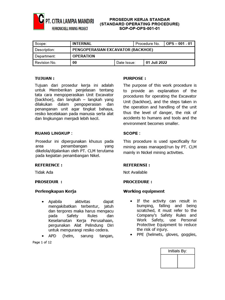 SOP OP OPS 001 01 Pengoperasian Excavator | PDF