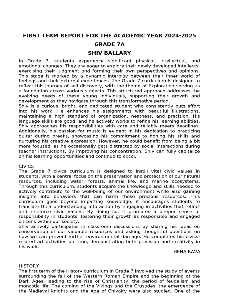 Grade 7A First Term Report 2024-2025 | PDF | Mathematics | Middle Ages