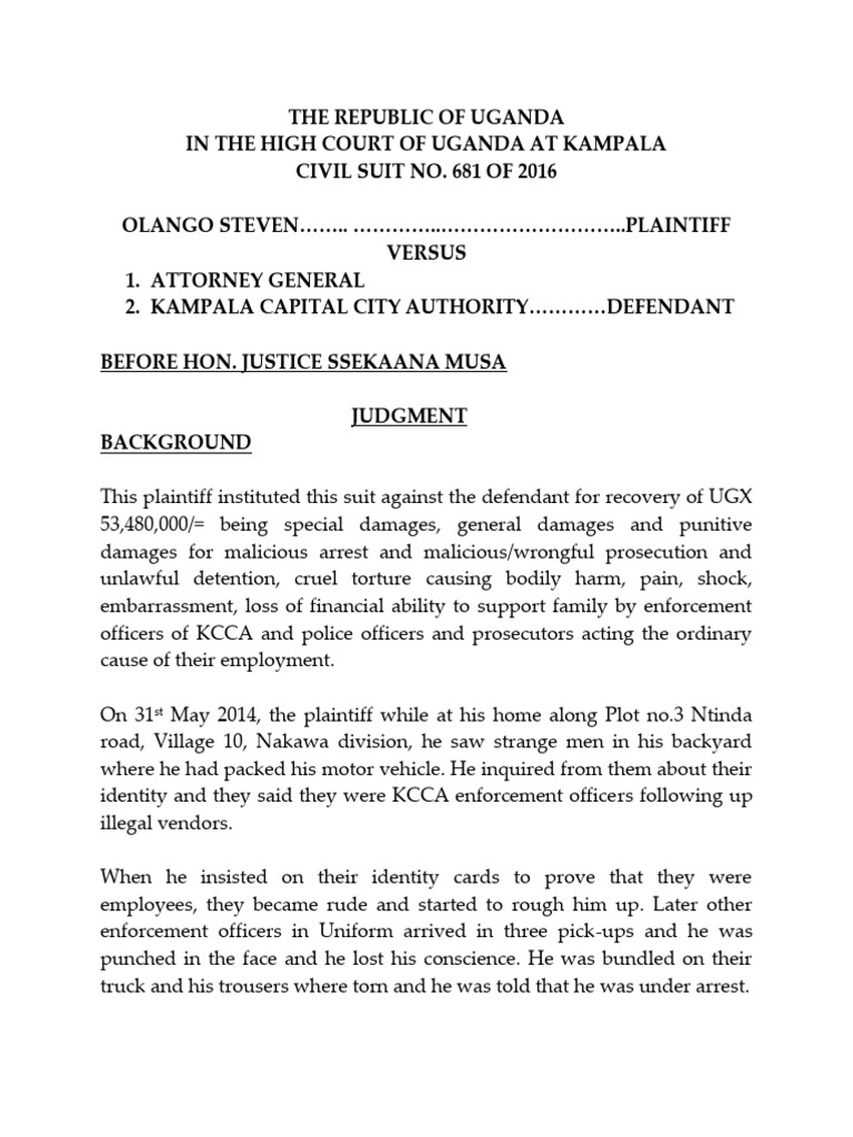 Uganda High Court Malicious Prosecution Case | PDF | Prosecutor | Acquittal