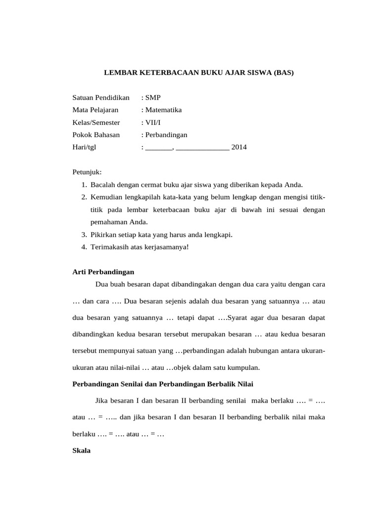 Lembar Keterbacaan Matematika SMP VII | PDF