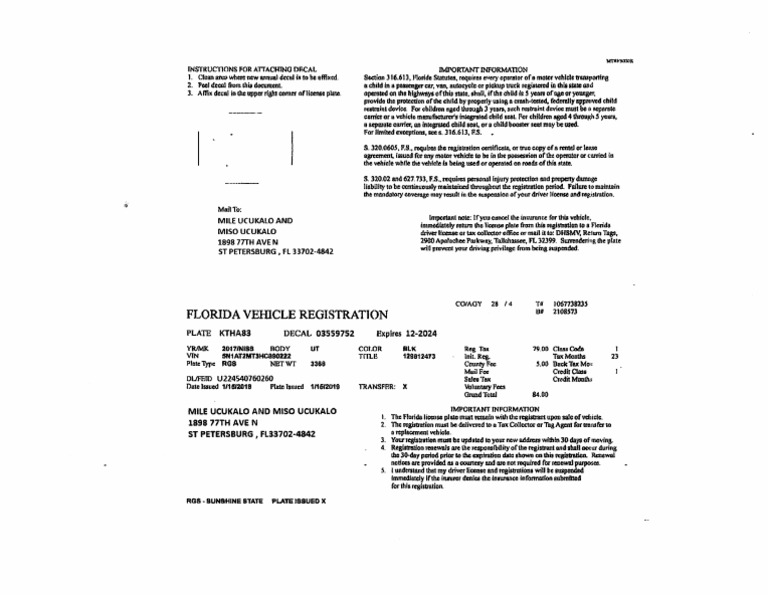 Florida Vehicle Registration | PDF