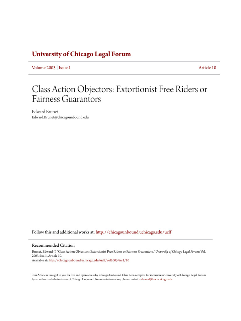 Class Action Objectors - Extortionist Free Riders or Fairness Guar ...