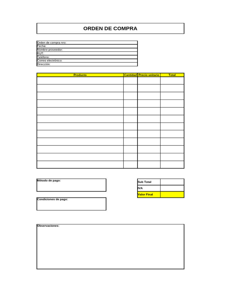 Formato de Orden de Compra en Blanco | PDF