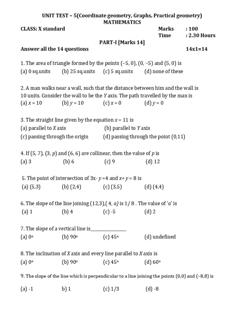Class 10 Maths Unit Test 5 Paper | PDF | Line (Geometry) | Analytic ...